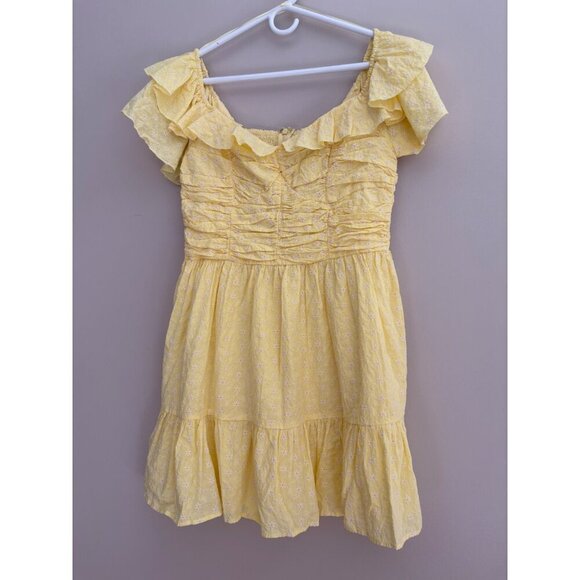 AQUA NWT Yellow Eyelet Mini Off Shoulder Dress Size XL Cottagecore Prairie Boho - Picture 4 of 13